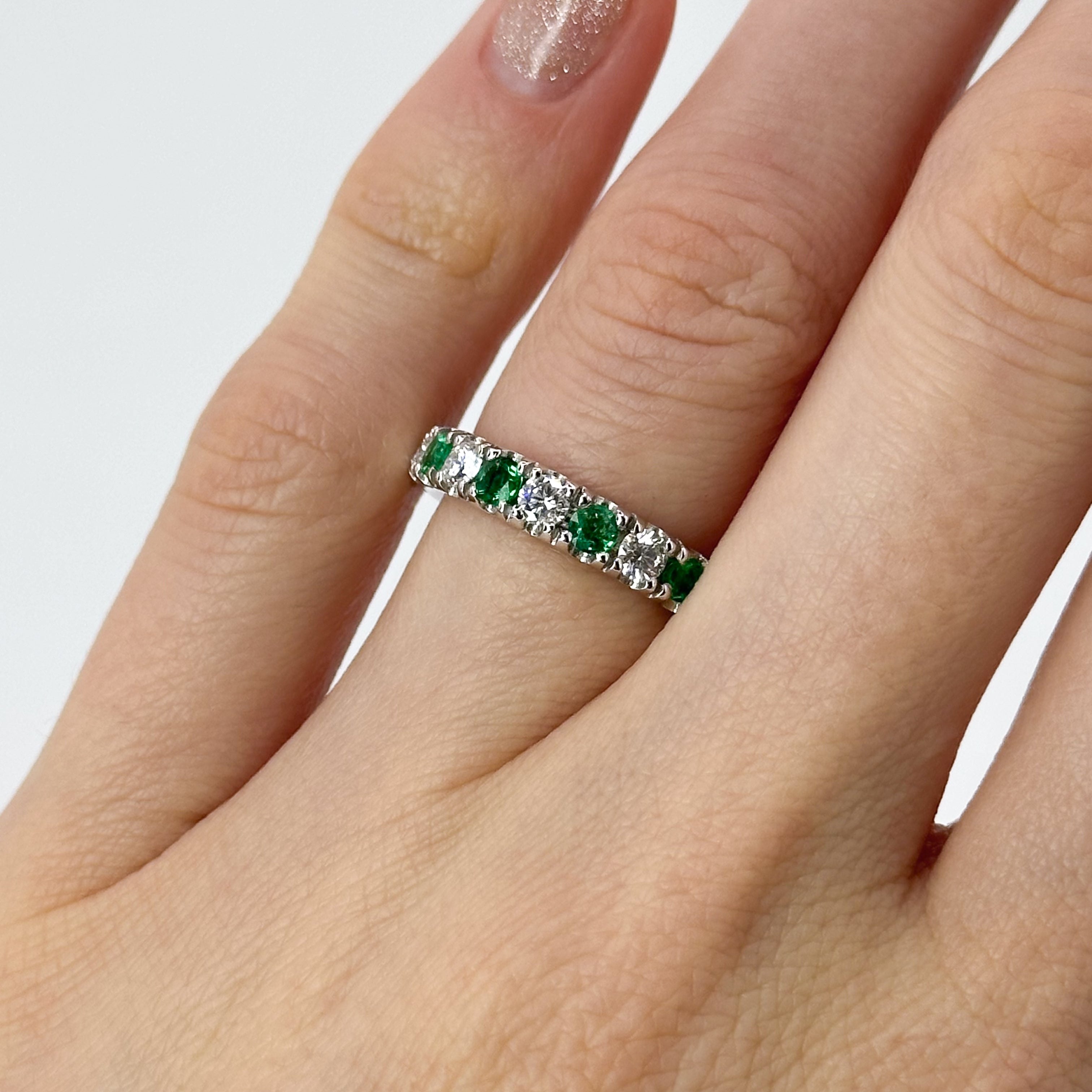 Diamond and Emerald Eternity Ring in Platinum