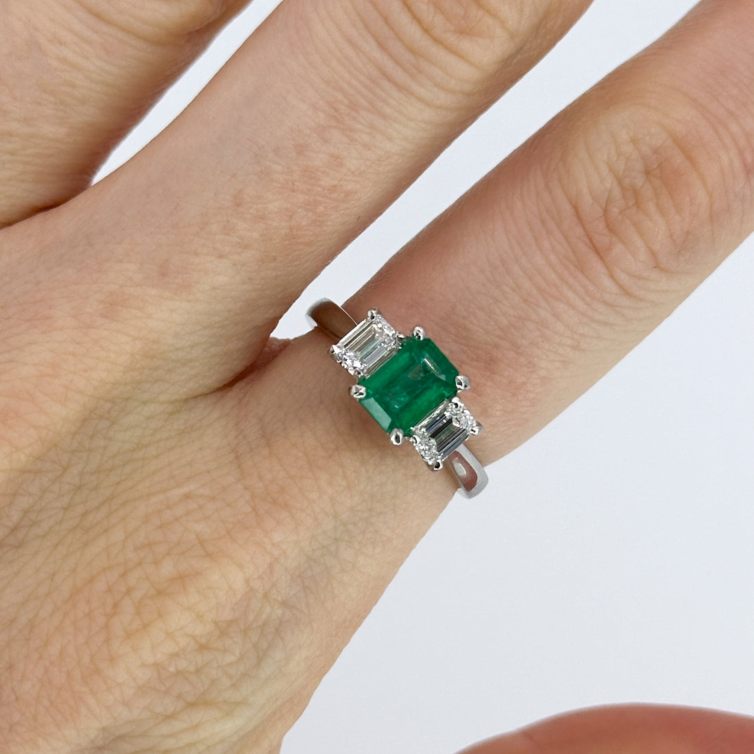 Emerald and Diamond Trilogy Platinum Ring