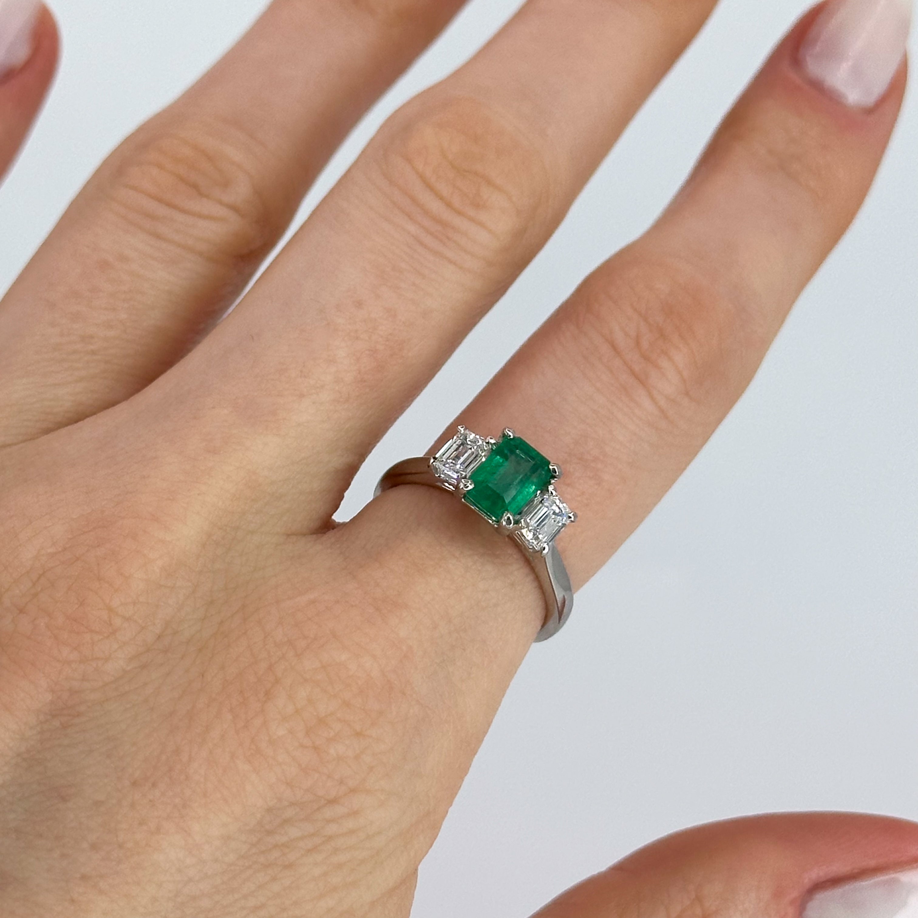 Emerald and Diamond Trilogy Platinum Ring