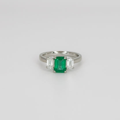 Emerald and Diamond Trilogy Platinum Ring