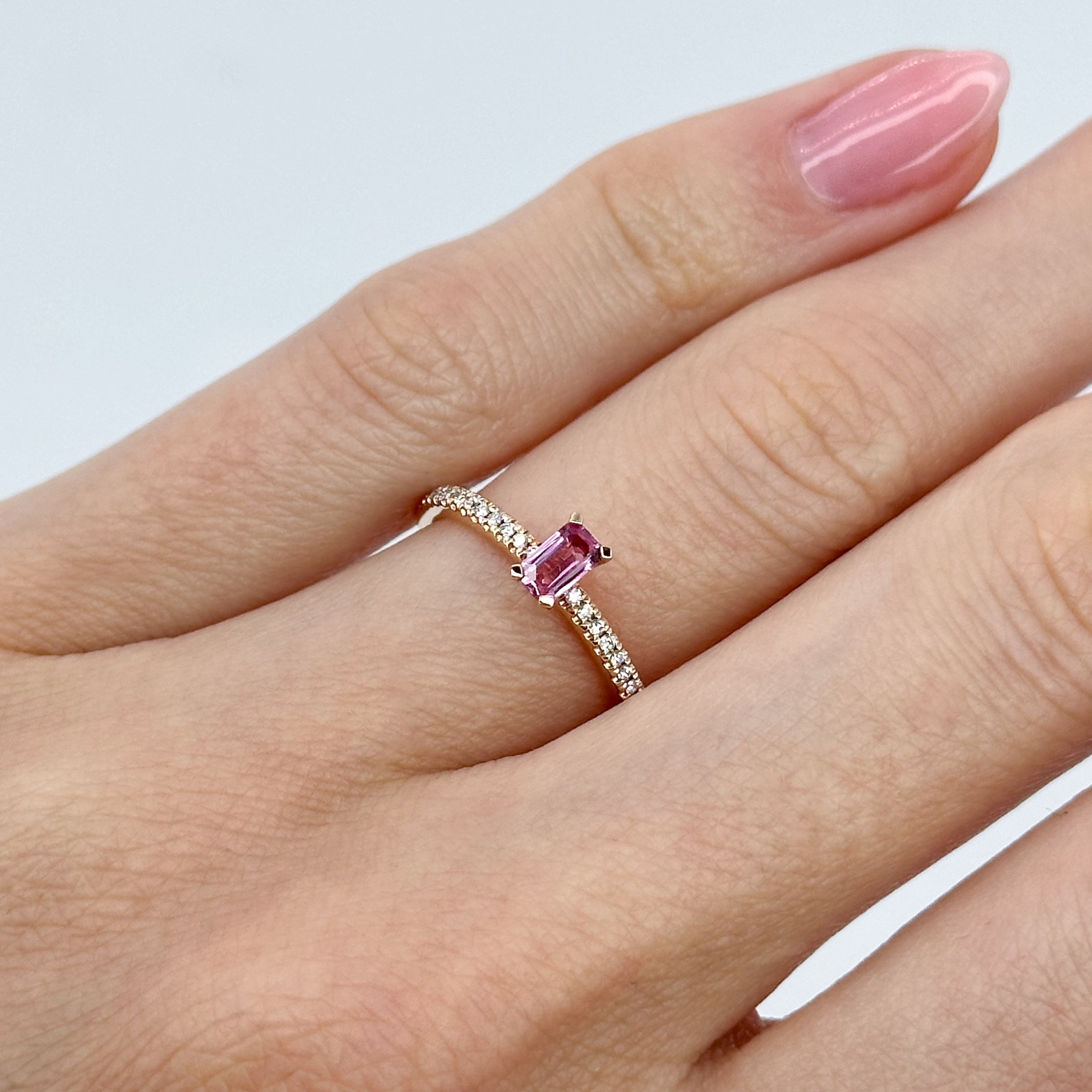 Emerald Cut Pink Sapphire Ring in Rose Gold