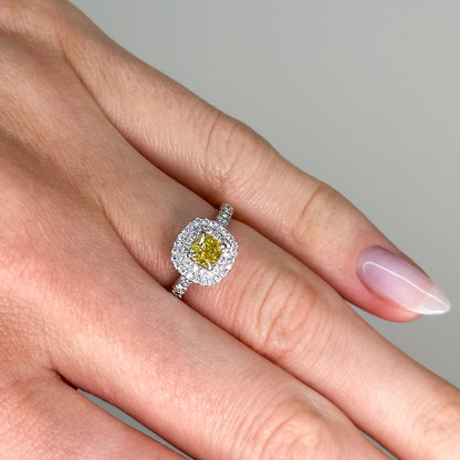 0.50ct Yellow Cushion Cut Diamond Ring with Double Halo