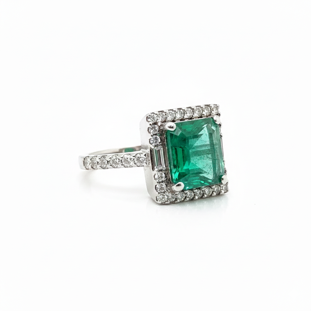 Emerald Cut Emerald &amp; Diamond Halo Ring
