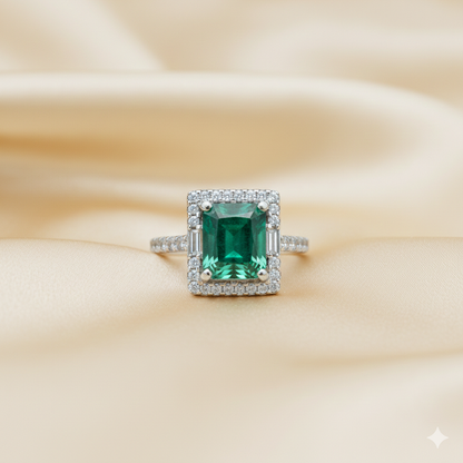 Emerald Cut Emerald &amp; Diamond Halo Ring
