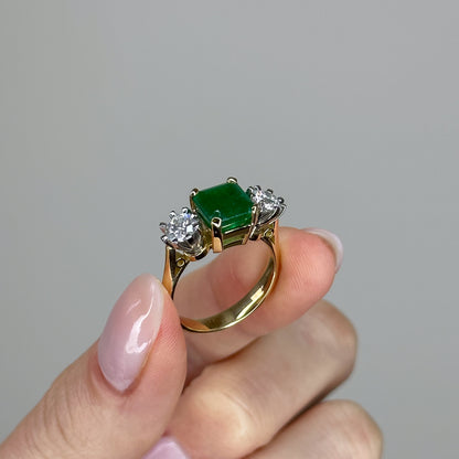 2.49ct Emerald Trilogy Ring with Diamonds in Yellow Gold