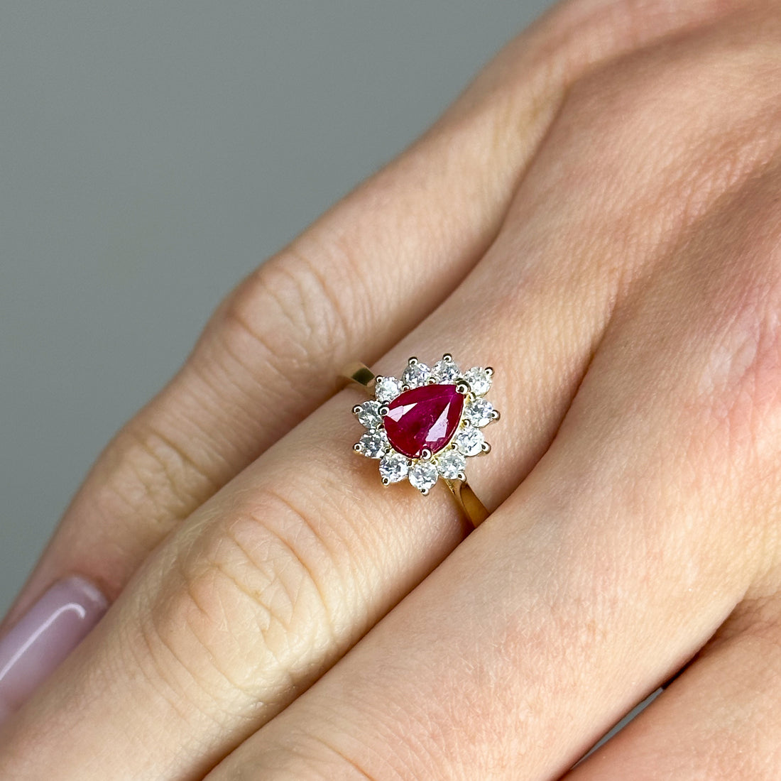 0.80ct Pear Shape Pink Ruby Ring with Diamond Halo