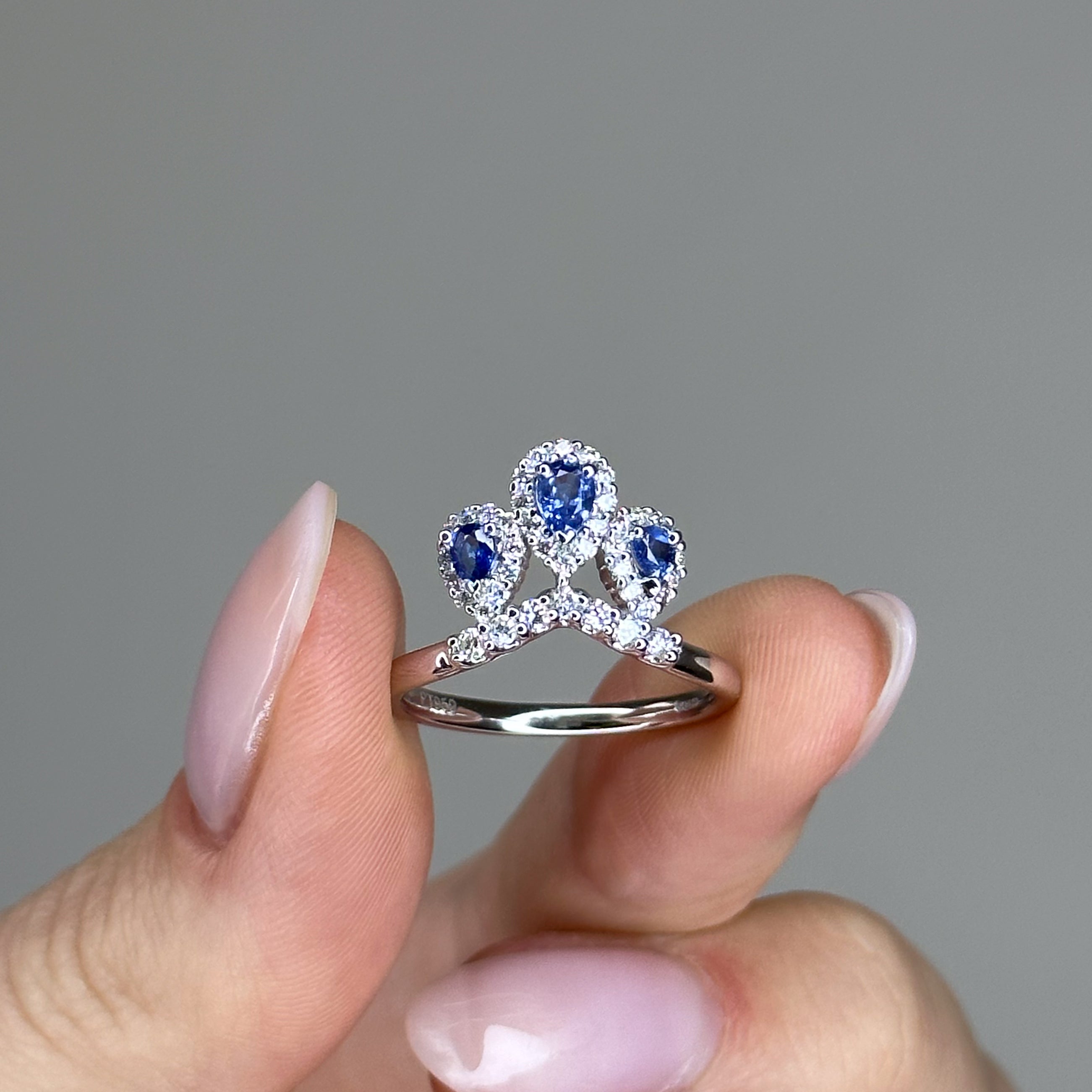 3 Pear Shape Sapphires Ring with Diamonds
