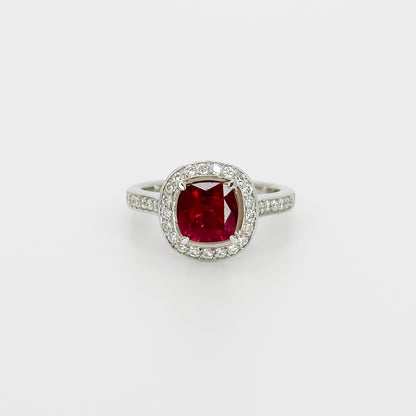 Ruby Ring with Diamond Halo in Platinum