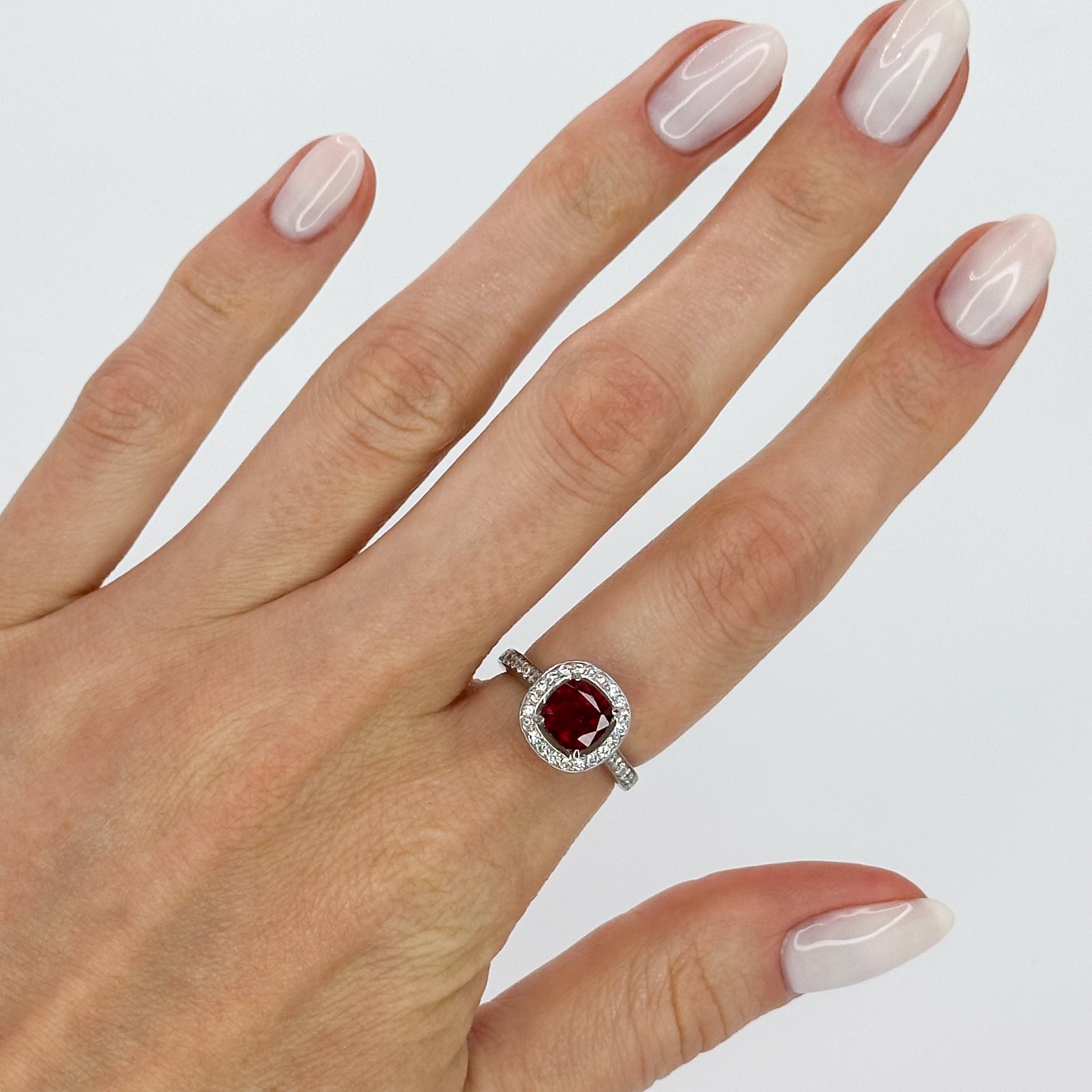 Ruby Ring with Diamond Halo in Platinum