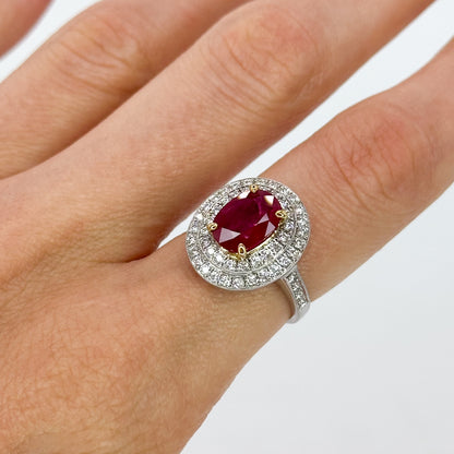 Oval Cut Ruby Ring with Double Halo in White Gold