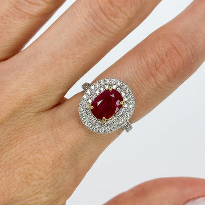 Oval Cut Ruby Ring with Double Halo in White Gold