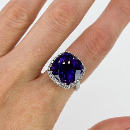 Amethyst Ring with Diamond Halo