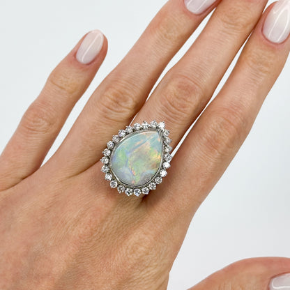 Opal Ring with Diamond Halo in White Gold