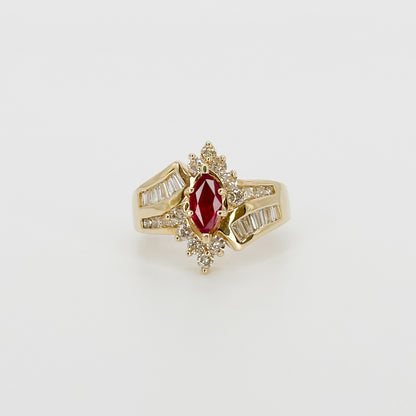 Marquise Cut Ruby Ring with Diamonds in Yellow Gold