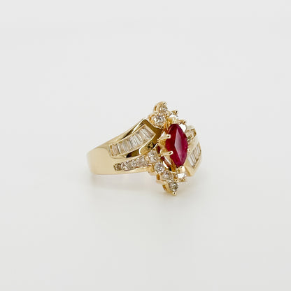 Marquise Cut Ruby Ring with Diamonds in Yellow Gold