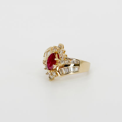 Marquise Cut Ruby Ring with Diamonds in Yellow Gold