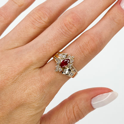 Marquise Cut Ruby Ring with Diamonds in Yellow Gold