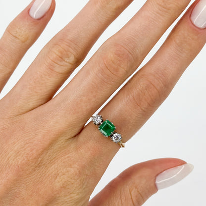 Emerald and Diamond Trilogy Ring in Yellow Gold