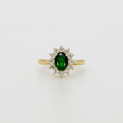 Deep Green Oval Cut Emerald Ring with Diamond Halo