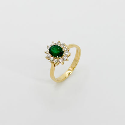 Deep Green Oval Cut Emerald Ring with Diamond Halo