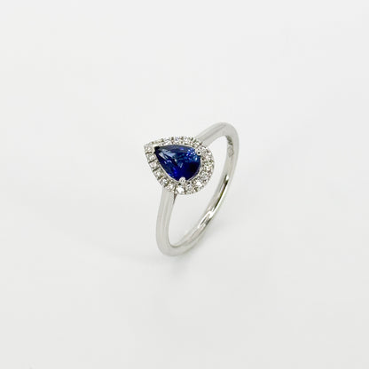 Pear Shape Blue Sapphire Ring with Diamond Halo