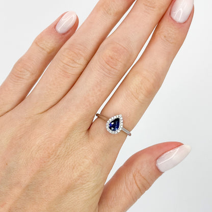 Pear Shape Blue Sapphire Ring with Diamond Halo