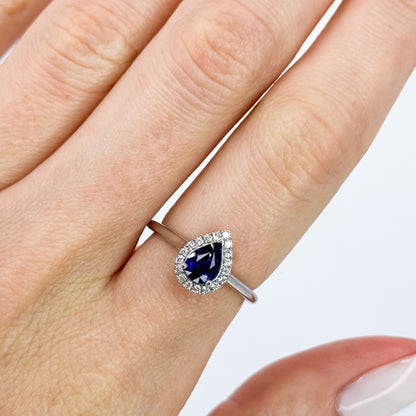 Pear Shape Blue Sapphire Ring with Diamond Halo