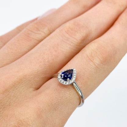 Pear Shape Blue Sapphire Ring with Diamond Halo