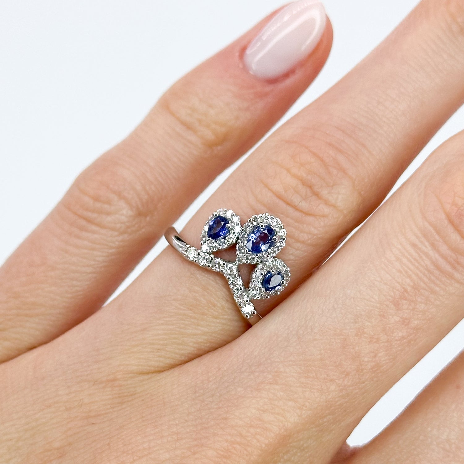 3 Pear Shape Sapphires Ring with Diamonds