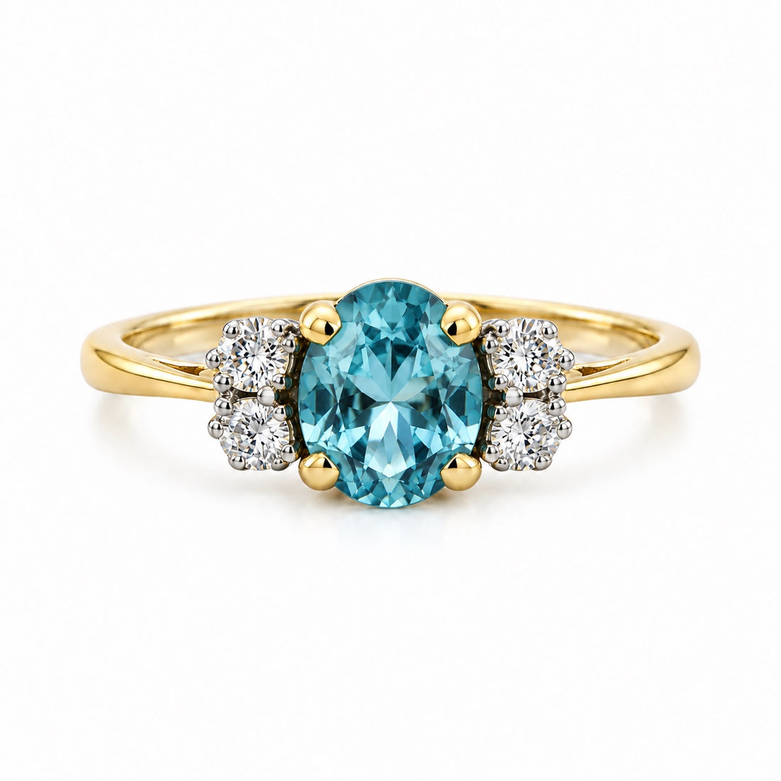 Vintage 1.35ct aquamarine and diamond ring in 18ct yellow gold – elongated oval aquamarine front view