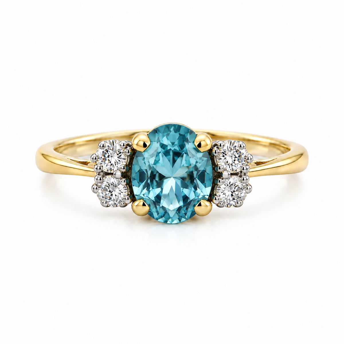 Vintage 1.35ct aquamarine and diamond ring in 18ct yellow gold – elongated oval aquamarine front view