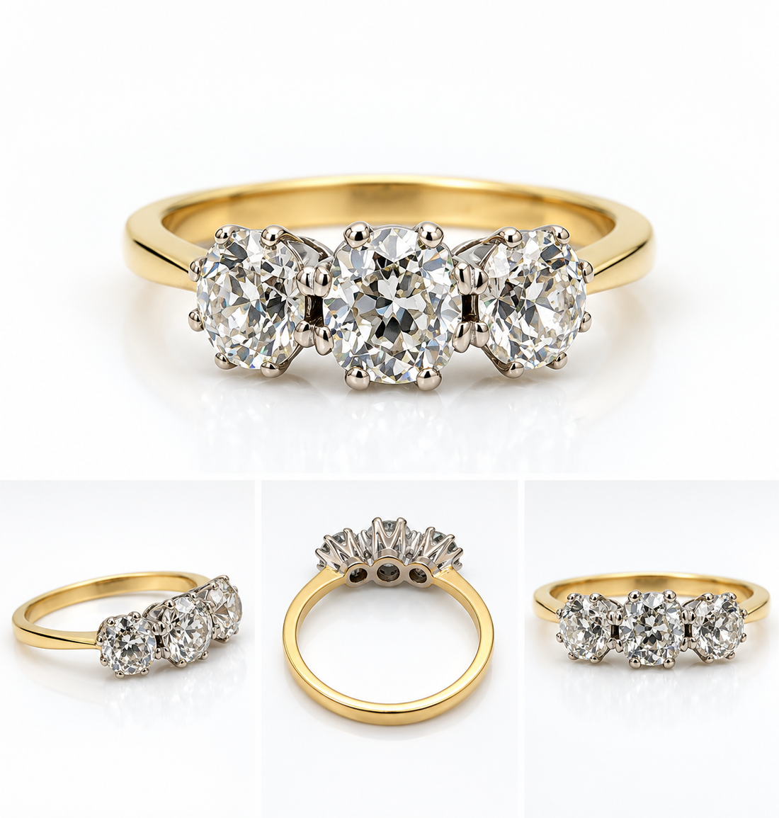 Vintage three-stone diamond ring in 18ct yellow gold – front view