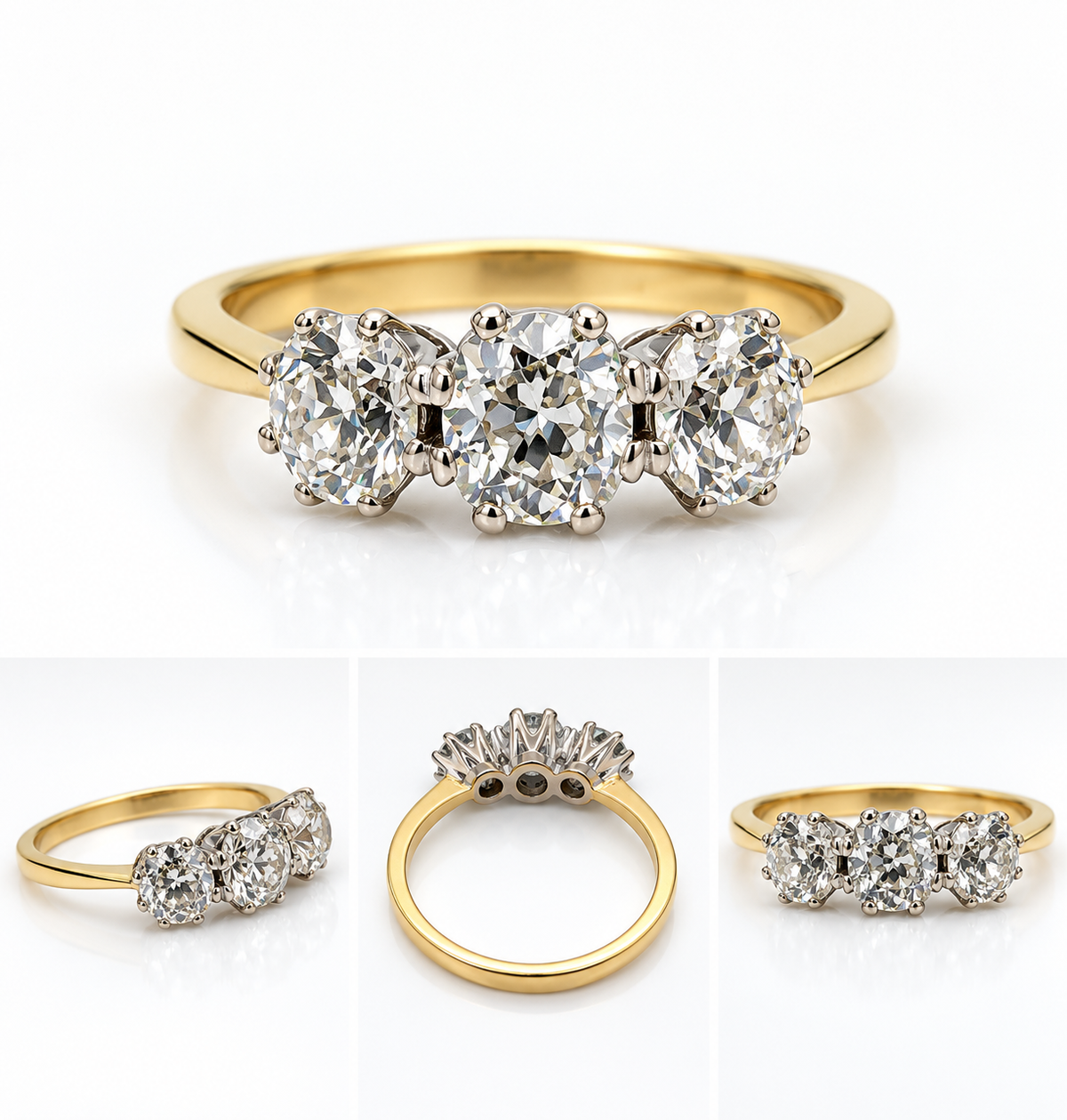 Vintage three-stone diamond ring in 18ct yellow gold – front view